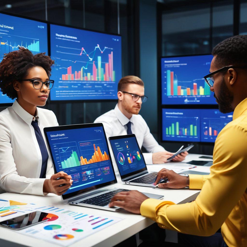 A dynamic office scene showcasing diverse professionals actively engaging with data on sleek digital devices. Include vibrant graphs and charts illuminating the background, symbolizing data-driven strategies. Showcase a collaborative atmosphere where ideas flow and technology enhances teamwork. Emphasize a sense of mastery and transformation in their expressions and interactions. super-realistic. vibrant colors.