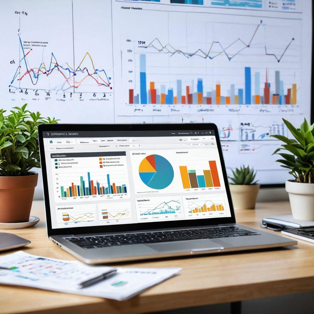 A professional workspace featuring a sleek laptop displaying a dynamic CRM dashboard, surrounded by graphs and charts illustrating business growth. Include a cup of coffee, notepad, and a potted plant for an inviting atmosphere. The background should hint at modern office architecture with soft lighting. super-realistic. vibrant colors.