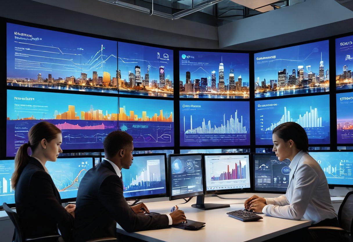 A dynamic collage showcasing a diverse group of professionals analyzing data on sleek digital screens, with visual feedback icons transforming into action steps like charts and graphs. In the background, a city skyline represents growth and innovation. The overall atmosphere is vibrant and tech-savvy, reflecting a collaborative environment focused on enhancing client experience. super-realistic. vibrant colors. futuristic style.